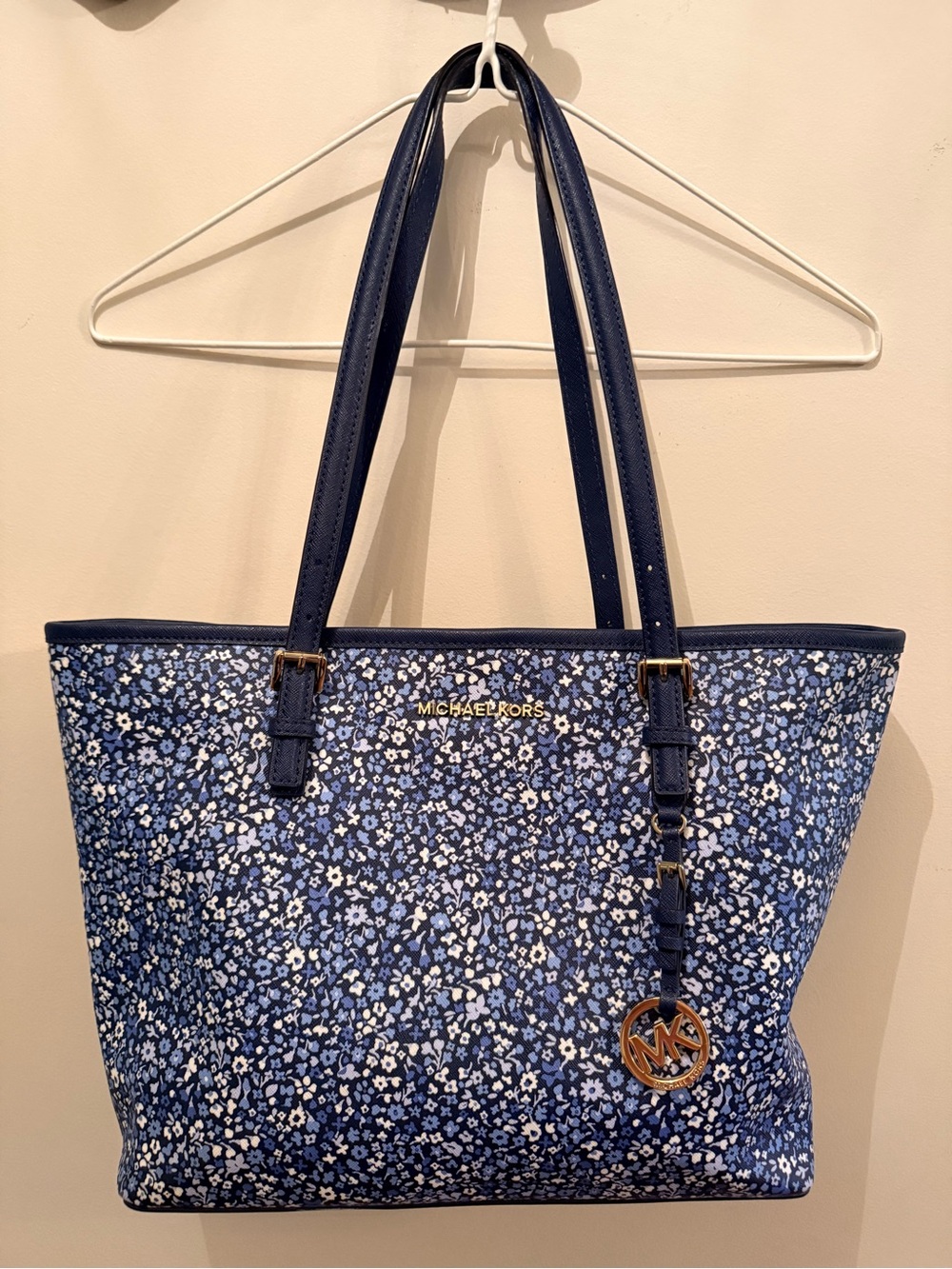 Michael Kors Blue Ditsy Floral Tote with Gold Logo Charm
